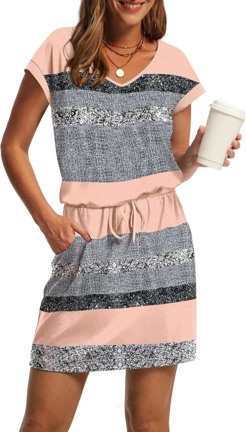 OFEEFAN Summer Dresses for Women 2025 V Neck T Shirt Casual Mini Dresses Tie Waist Sundresses with Pockets