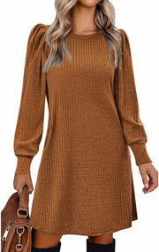 Zeagoo Women's Knit Dress with Puff Sleeves for Fall & Winter - Round Neck Casual Tunic Dress