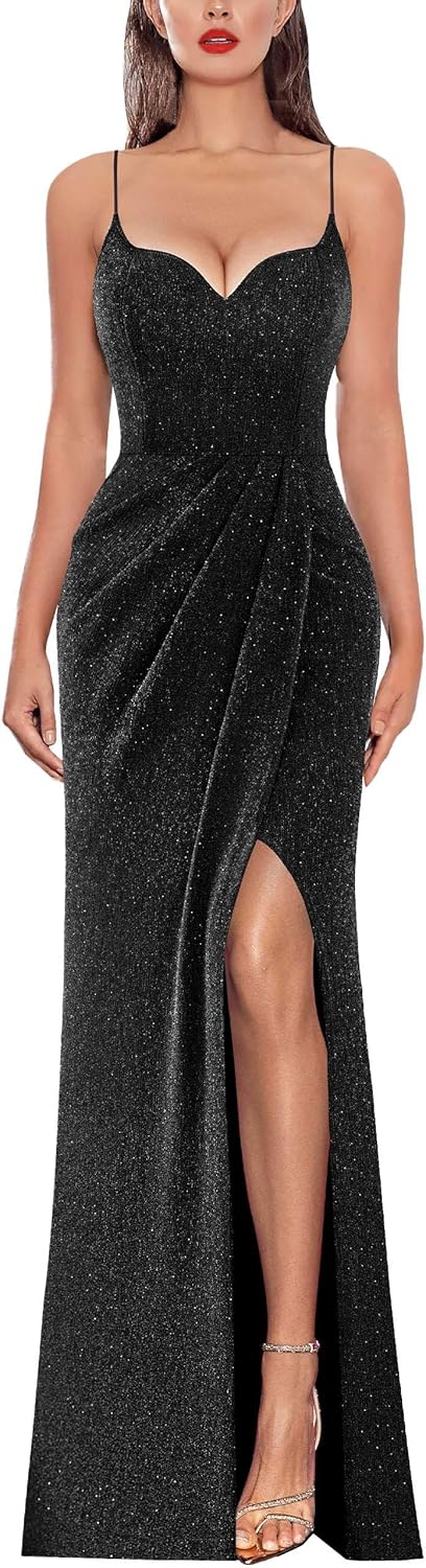 VFSHOW Womens Sexy Formal Ruched Fitted High Slit Bodycon Maxi Dress Spaghetti Strap Sweetheart Cocktail Prom Evening Gown