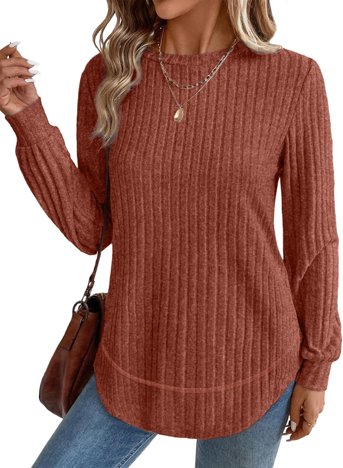 OFEEFAN Tunic Tops for Women Loose Fit Dressy Long Sleeve Shirts Womens Sweaters Crew Neck Fall Clothing with Curved Hem