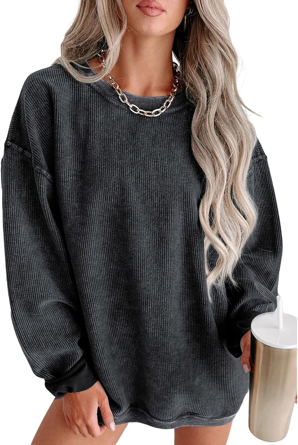 SELINK Womens Crewneck Oversized Corduroy Corded Sweatshirt Long Sleeve Casual Pullover Tops