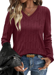 OFEEFAN Womens Sweaters Long Sleeve Shirts Fall Outfits 2025 V Neck Soft Knit Pullover Trendy Tops Dressy Casual Blouses