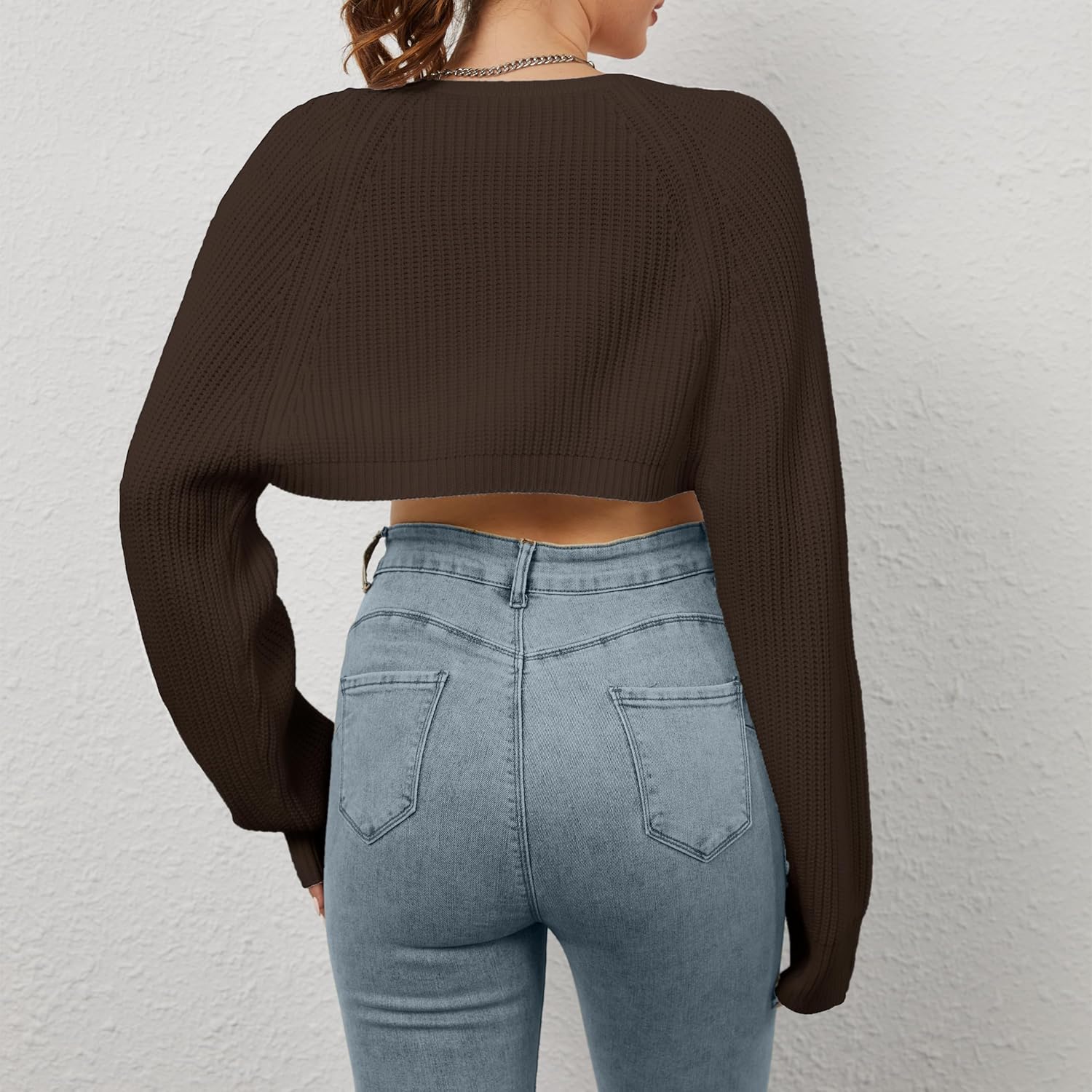 Women Open Front Ribbed Knit Crop Bolero Drop Shoulder Long Sleeve Solid Loose Fit Knitted Crop Cardigan Shrug