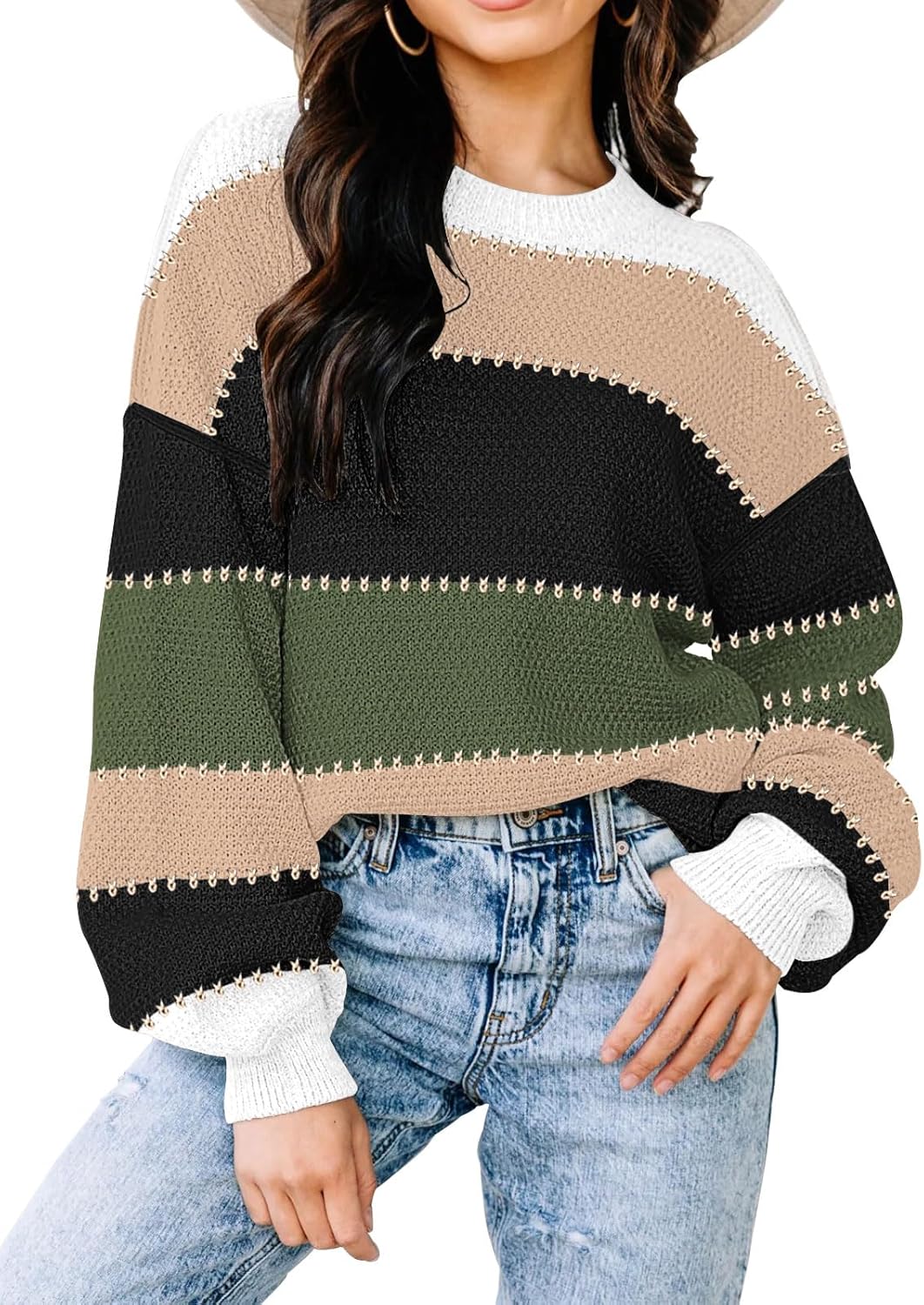 Womens Sweaters Fall 2025 Fashion Long Sleeve Color Block Oversized Sweater Trendy Casual Crew Neck Knitted Tops Pullover