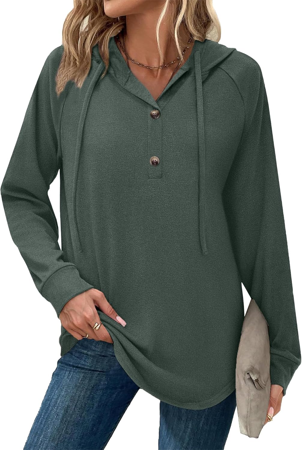 Hoodies for Women Long Sleeve Shirts Fall Fashion V Neck Sweatshirts with Buttons Casual Trendy Pullover Tops
