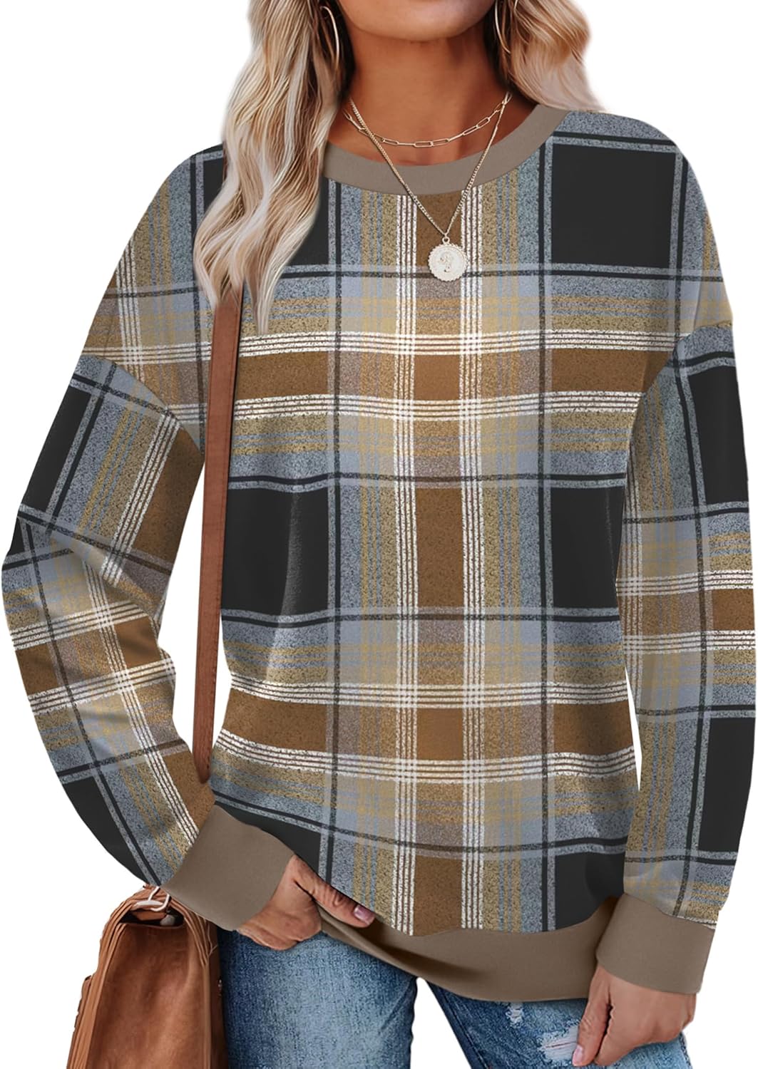 Saloogoe Sweatshirts for Women Crewneck Long Sleeve Loose Fit Tops Color Block Ribbed Trim Fashion 2025