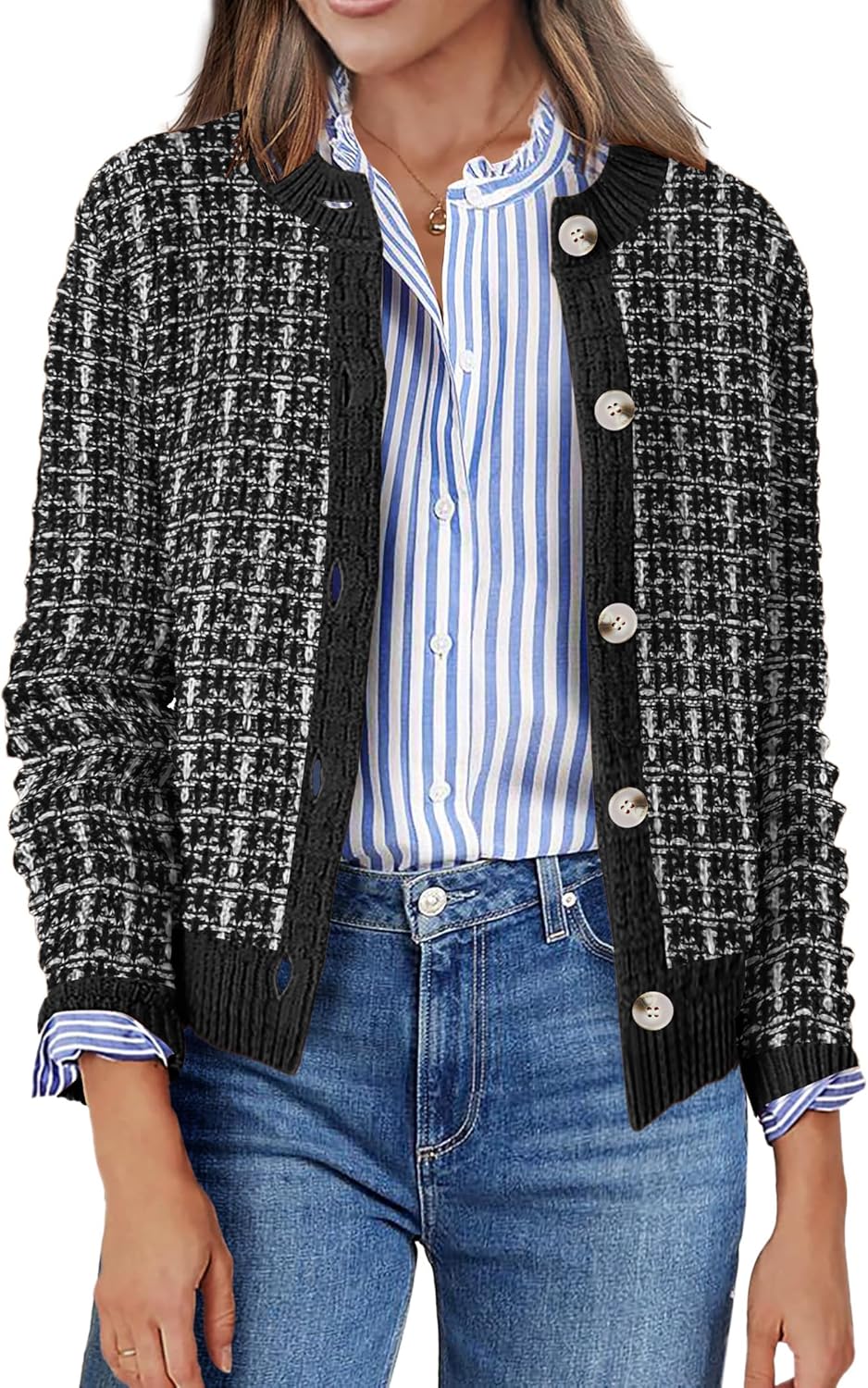 Zeagoo Women's 2025 Cardigan Sweaters Button Down Crew Neck Open Front Long Sleeve Knit Cropped Jackets