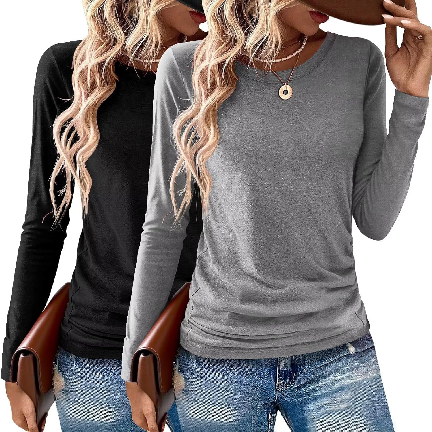 2 Pack Womens Tops Crewneck Soft Long Sleeve Shirts Fall Clothes Casual Tshirts Basic Tee