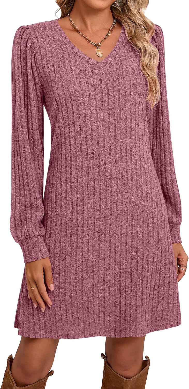 Ficerd Women's Knit Long Sleeve Sweater Dress Casual V Neck Tunic Dresses Fall Trendy Outfits