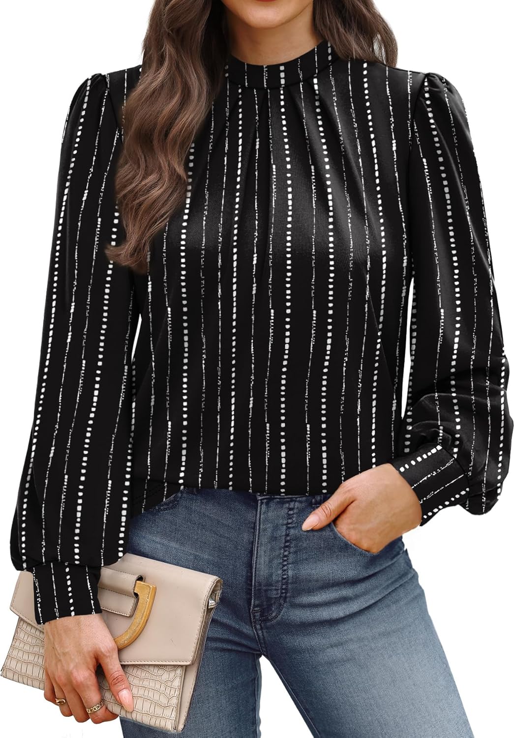 WIHOLL Long Sleeve Shirts for Women Mock Neck Tops Pleated Front Blouses Dressy Casual Fall Clothes 2025 Fashion