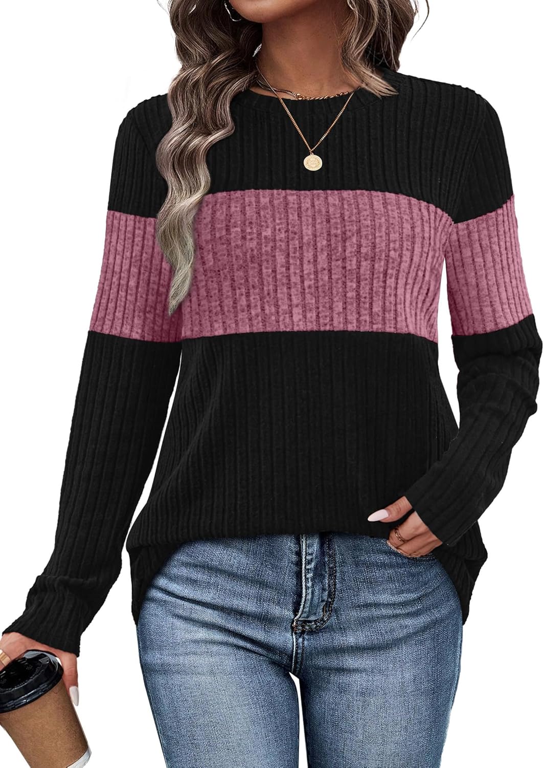 WIHOLL Womens Sweaters Trendy Color Block Tops Long Sleeve Shirts Fall Outfits Early Fall Fashion 2025 Winter Clothing