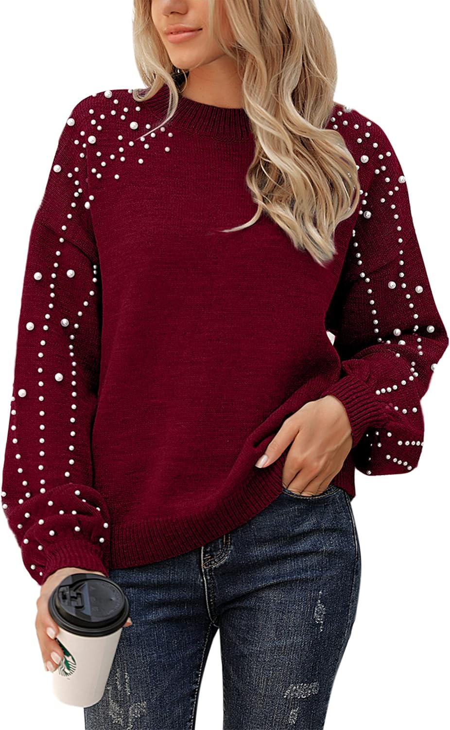 Blooming Jelly Women's Chunky Sweater Crewneck Sweatshirt Knit Lantern Sleeve Oversized Pullover Sweater with Pearls