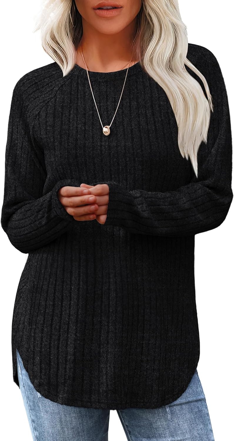 Saloogoe Long Sleeve Shirts for Women 2025 Fall Clothes Tunic Tops Loose Fit Dressy Crewneck Pullover Sweaters Curved Hem