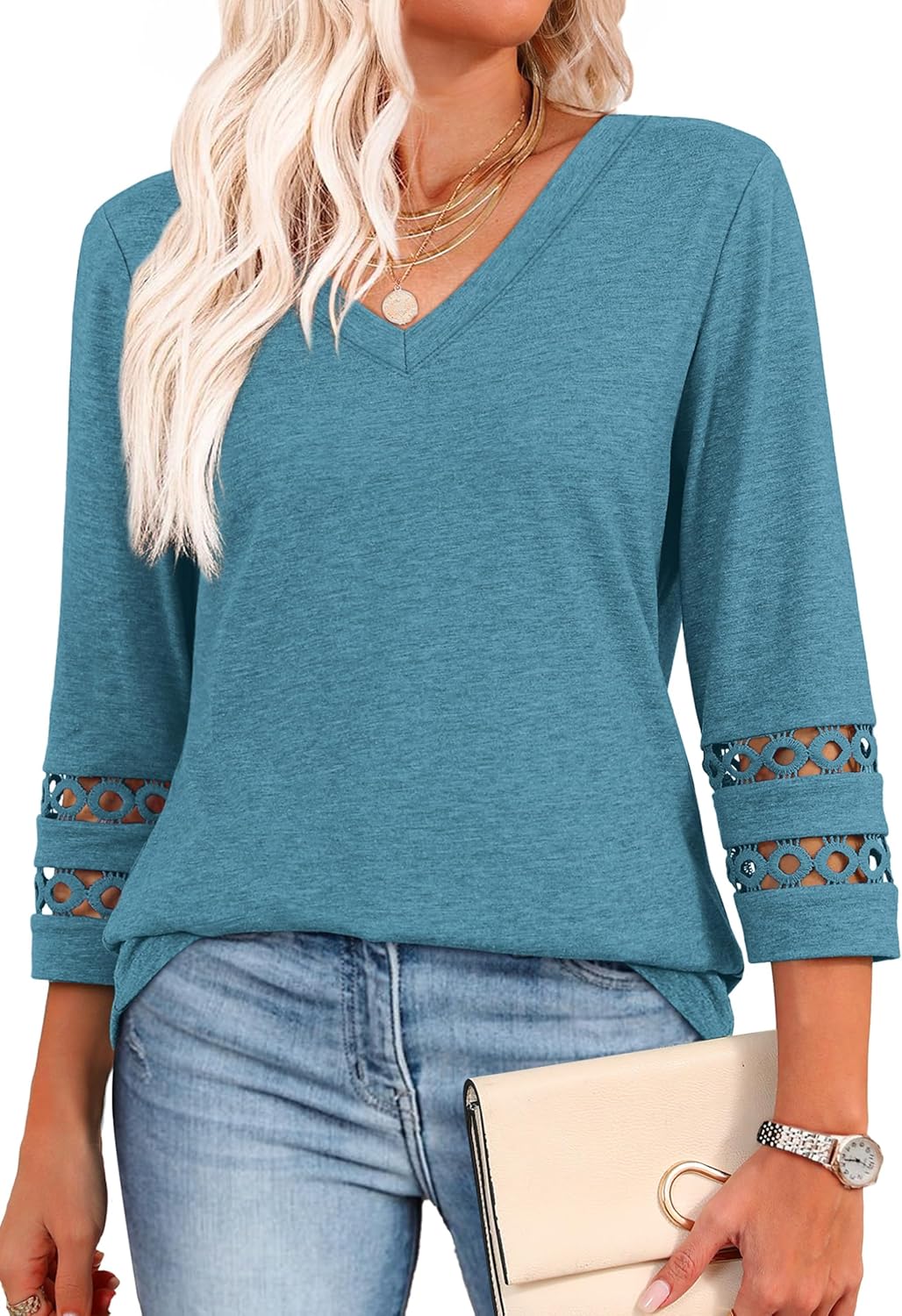 XIEERDUO 3/4 Length Sleeve Womens Tops Dressy Casual Blouses for Women 2025 Trendy V Neck T Shirts Summer Clothes