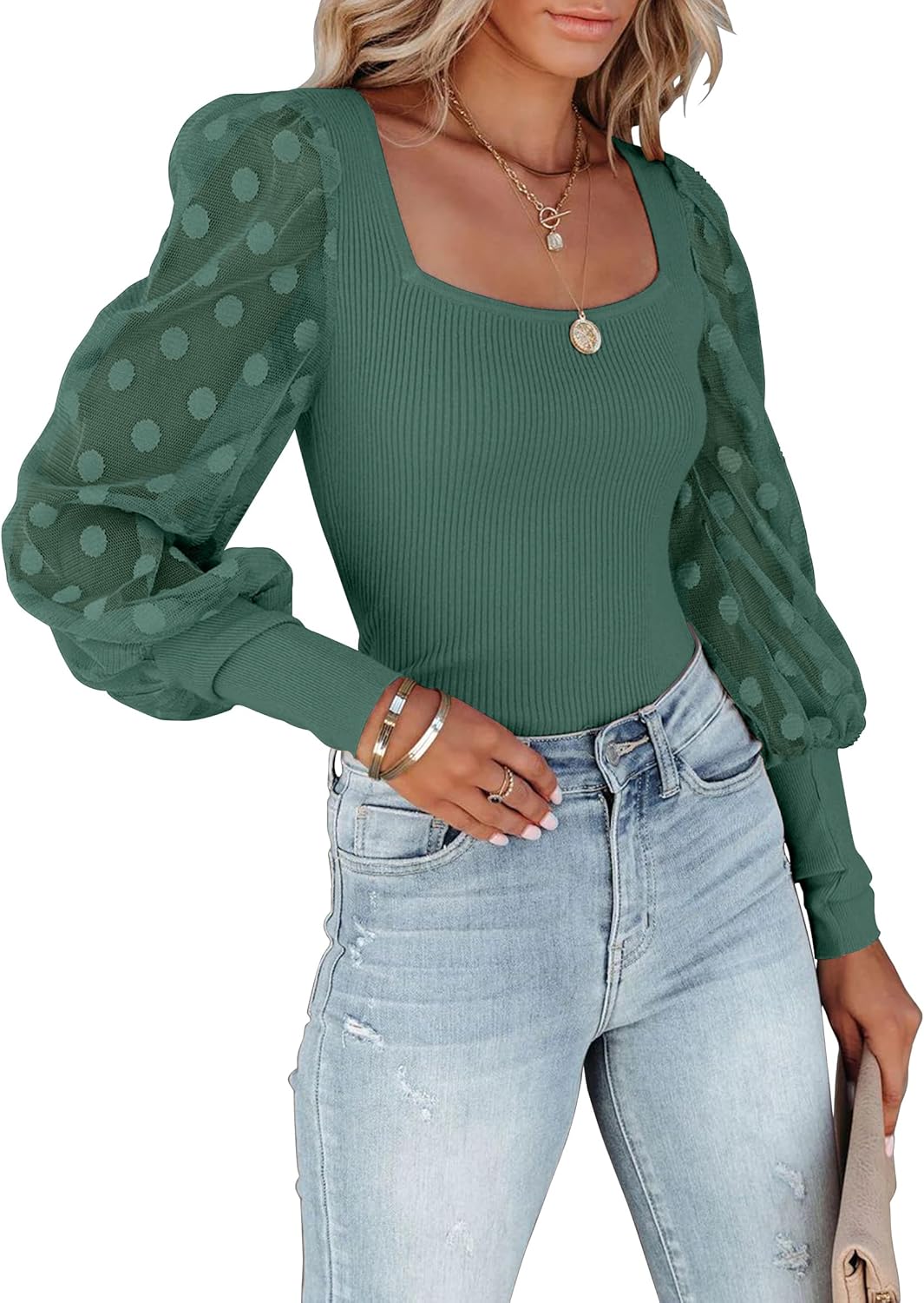 miduo Womens Tops Square Neck Polka Dot Balloon Long Sleeve Top Shirts Slim Knit Ribbed Tops Blouses