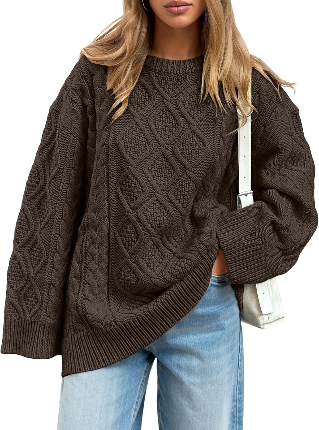 Trendy Queen Women's Oversized Cable Knit Crewneck Sweaters Cozy Winter Clothes