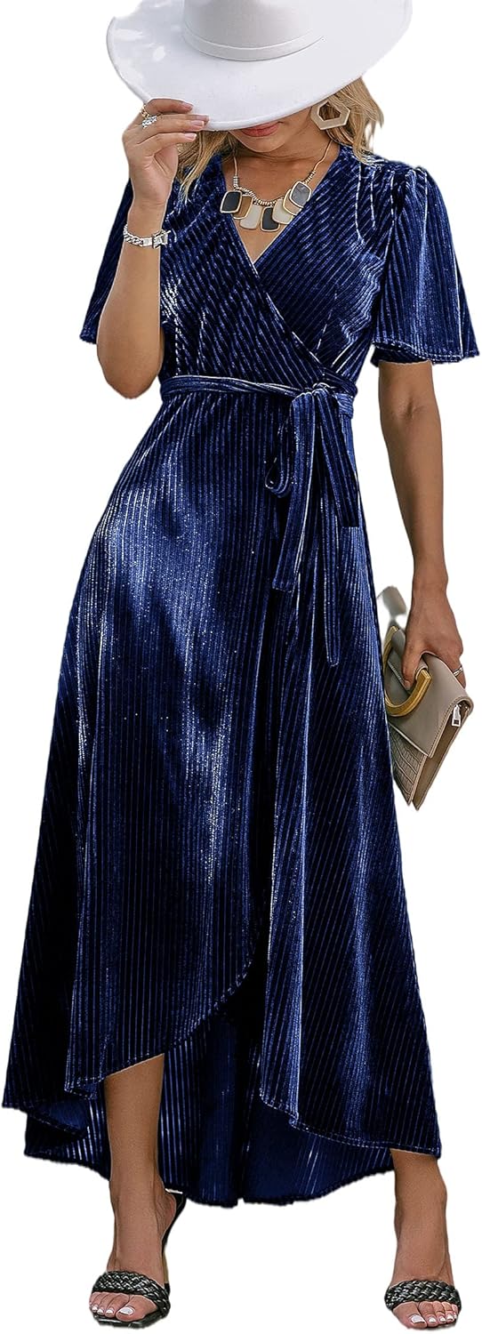 BerryGo Women's Velvet V Neck Wrap Semi Formal Dress Cocktail Party Maxi Dress for Wedding Guest