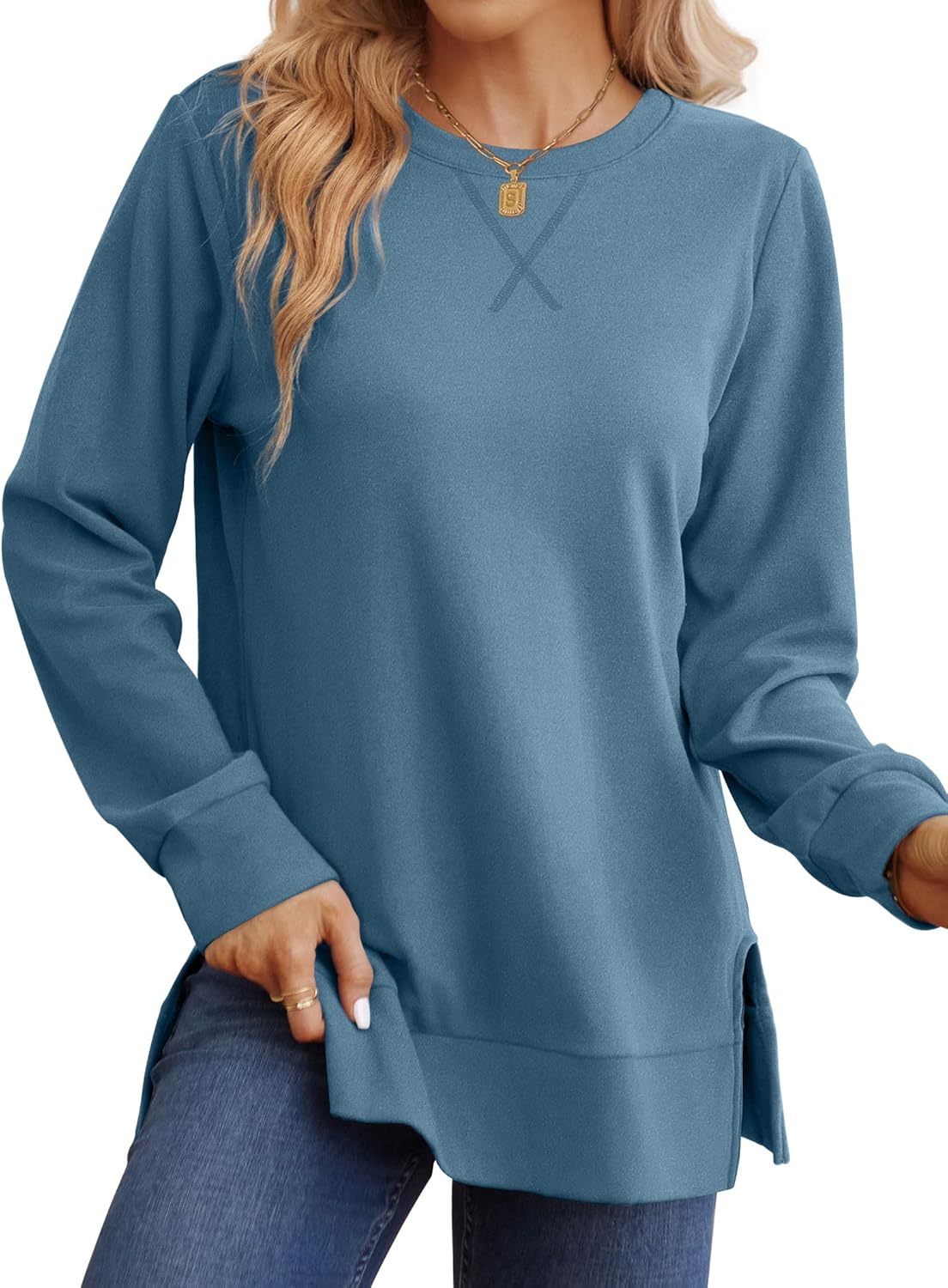 Saloogoe Sweatshirt for women Side Split Fall Fashion 2025 Long Sleeve Shirts Trending Now