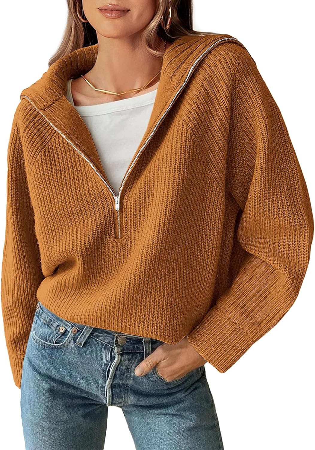 BTFBM Womens Sweaters Quarter Zip Pullover V Neck Collar Long Sleeve Ribbed Knit Loose Casual 2025 Winter Fall Sweater