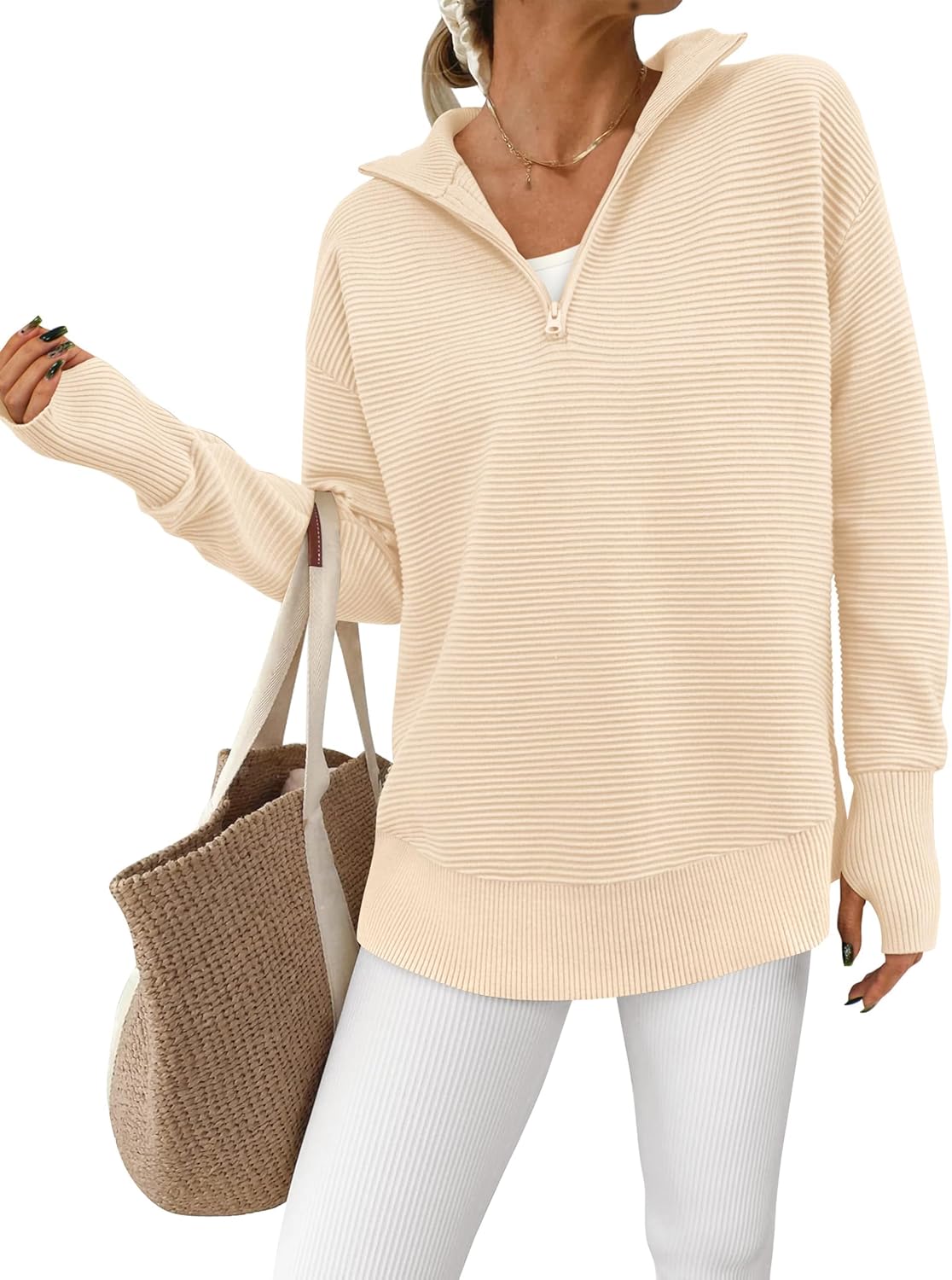 PRETTYGARDEN Womens Long Sleeve Quarter Zip Pullover Sweater Casual Loose V Neck Collared Ribbed Knit Jumper Tops Thumb Hole