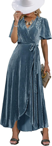 BerryGo Women's Velvet V Neck Wrap Semi Formal Dress Cocktail Party Maxi Dress for Wedding Guest