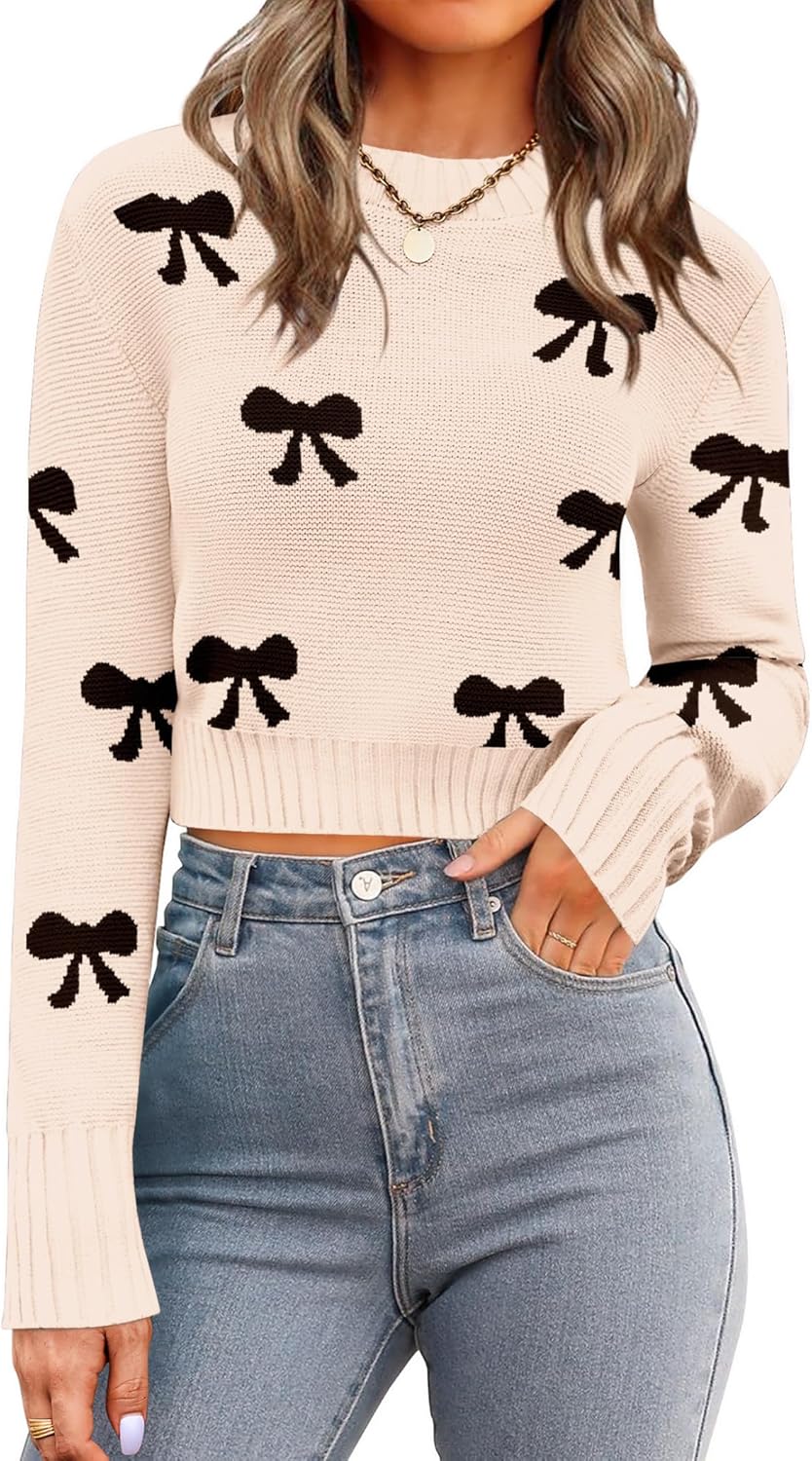 Zeagoo Women's 2025 Fall Crewneck Cropped Sweater Trendy Long Sleeve Ribbed Knit Pullover Jumper Tops