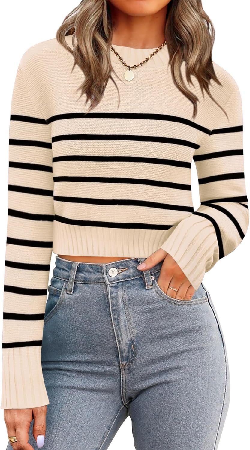 Zeagoo Women's 2025 Fall Crewneck Cropped Sweater Trendy Long Sleeve Ribbed Knit Pullover Jumper Tops