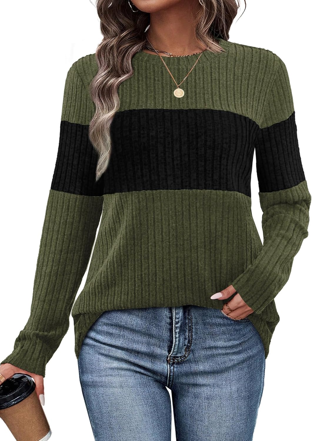 WIHOLL Womens Sweaters Trendy Color Block Tops Long Sleeve Shirts Fall Outfits Early Fall Fashion 2025 Winter Clothing