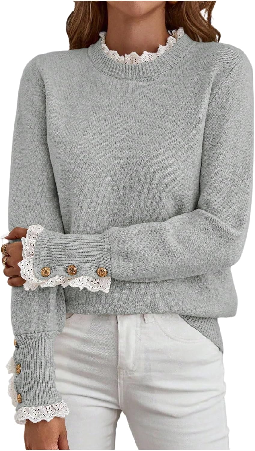 MakeMeChic Women's Fall Sweaters Lace Peplum Mock Neck Cozy Sweater Pullover