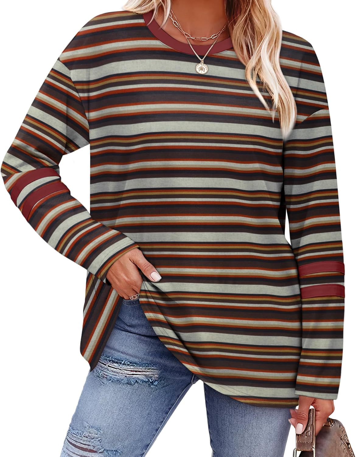 Sampeel Long Sleeve Shirts for Women Color Block Casual Tops Fall Outfits 2025 Basic Tees Trendy Clothes