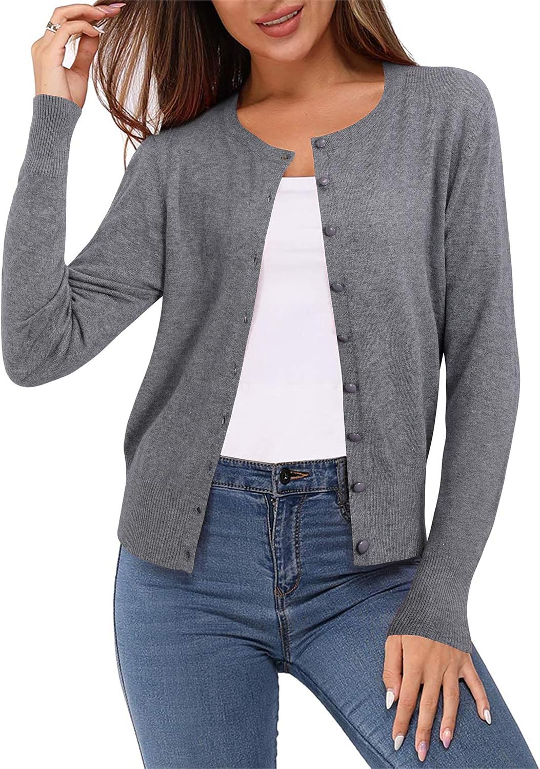 Newshows Women's Lightweight Button Down Cardigan Long Sleeve Casual Crew Neck Soft Knit Cardigans Sweater Tops