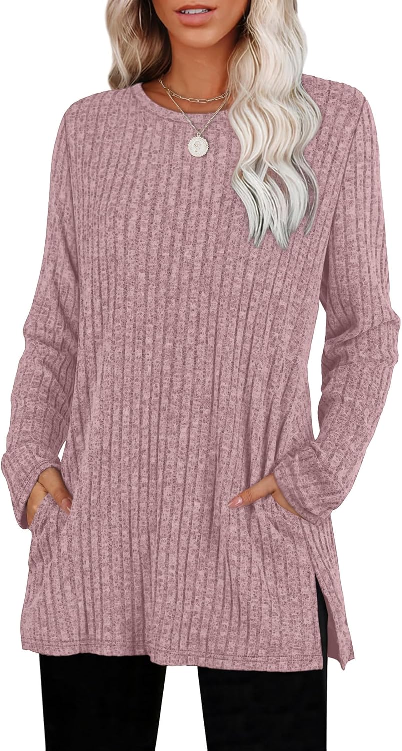 SAMPEEL Womens Sweaters Crewneck Long Sleeve Shirts with Pockets Fall Outfits 2025 Fashion Winter Clothing Side Slit