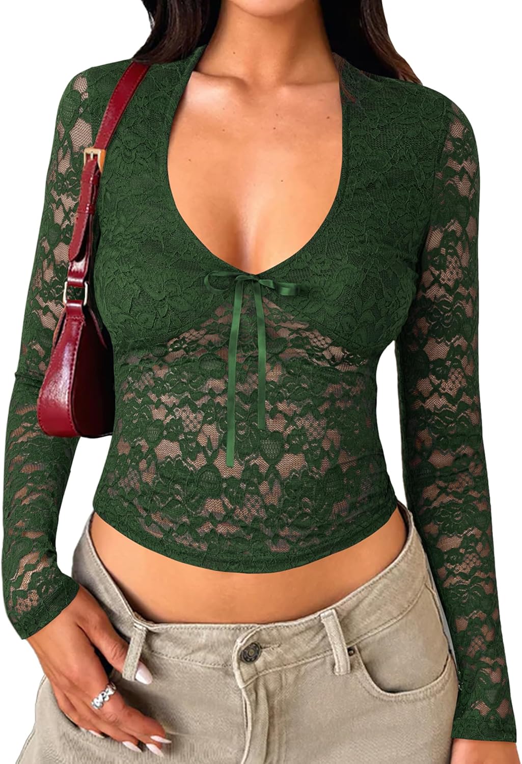 Womens Long Sleeve Going Out Tops Lace V Neck Mesh Crop Shirts Sexy Cute Y2K Fall Trendy Outfits 2025