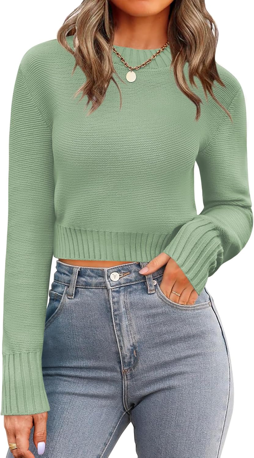 Zeagoo Women's 2025 Fall Crewneck Cropped Sweater Trendy Long Sleeve Ribbed Knit Pullover Jumper Tops