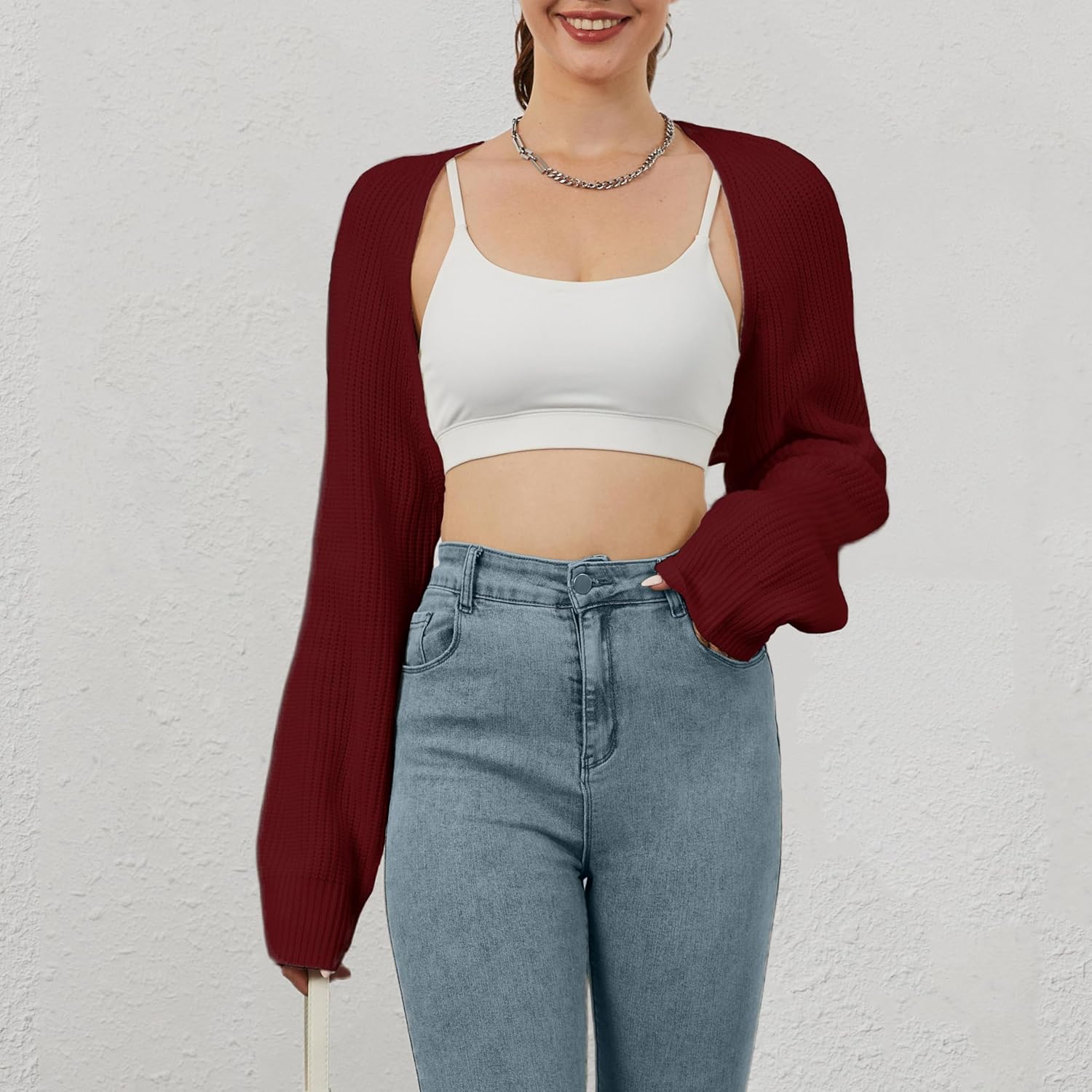 Women Open Front Ribbed Knit Crop Bolero Drop Shoulder Long Sleeve Solid Loose Fit Knitted Crop Cardigan Shrug