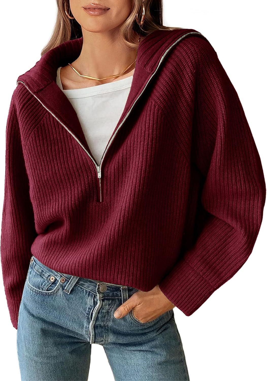 BTFBM Womens Sweaters Quarter Zip Pullover V Neck Collar Long Sleeve Ribbed Knit Loose Casual 2025 Winter Fall Sweater