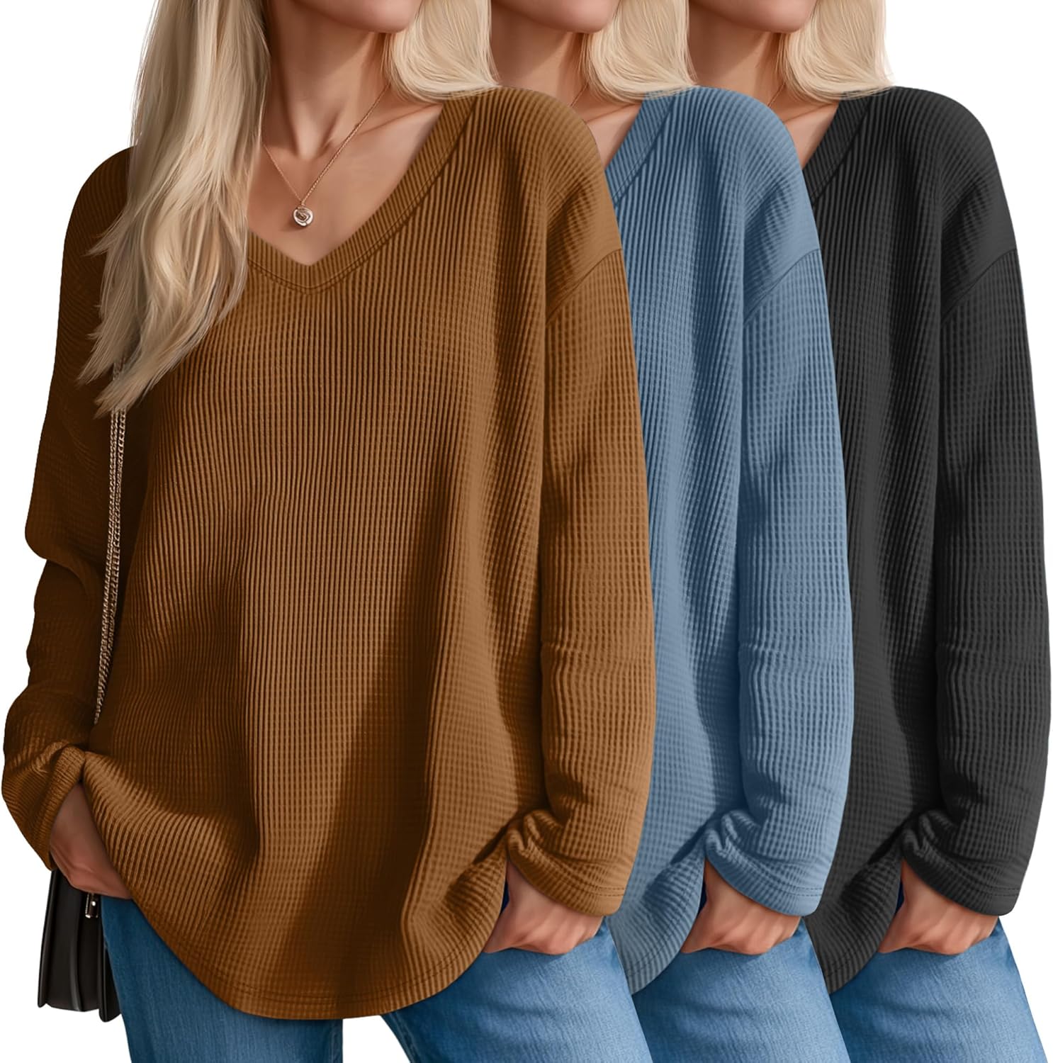 3 Pack Women's Oversized Waffle Knit Shirts, V Neck Long Sleeve Top Fall Casual Sweatshirt for Women