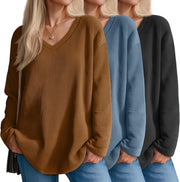 3 Pack Women's Oversized Waffle Knit Shirts, V Neck Long Sleeve Top Fall Casual Sweatshirt for Women