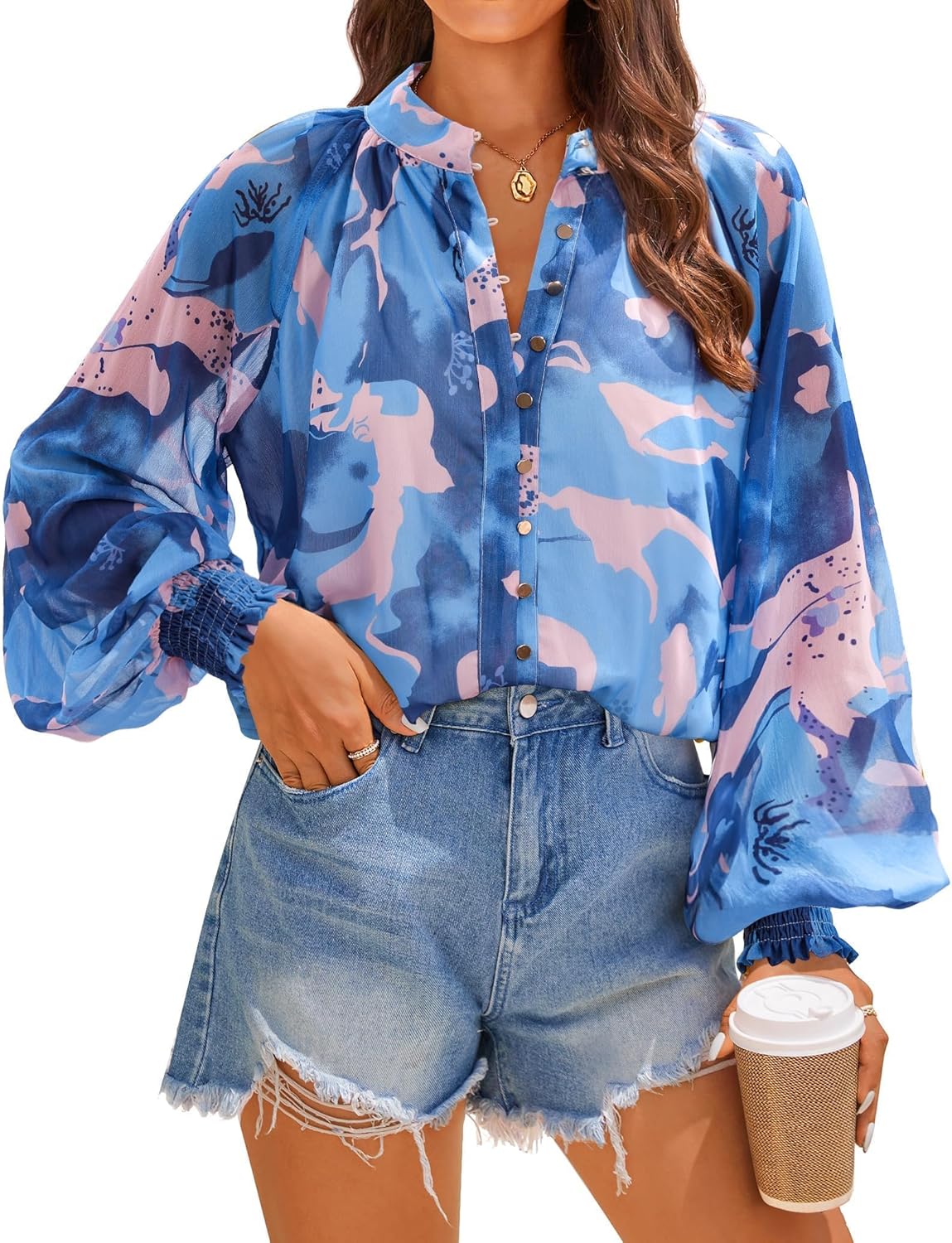 ZESICA Women's Floral Print Blouse 2025 Long Sleeve Button Down Casual Fall Boho Oversized Tops Shirts