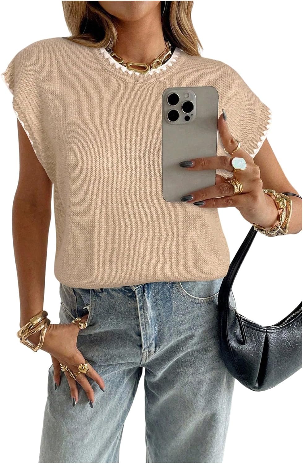 SOLY HUX Women's Ribbed Sweater Crew Neck Short Sleeve Loose Fit Floral Knit Pullover Tops