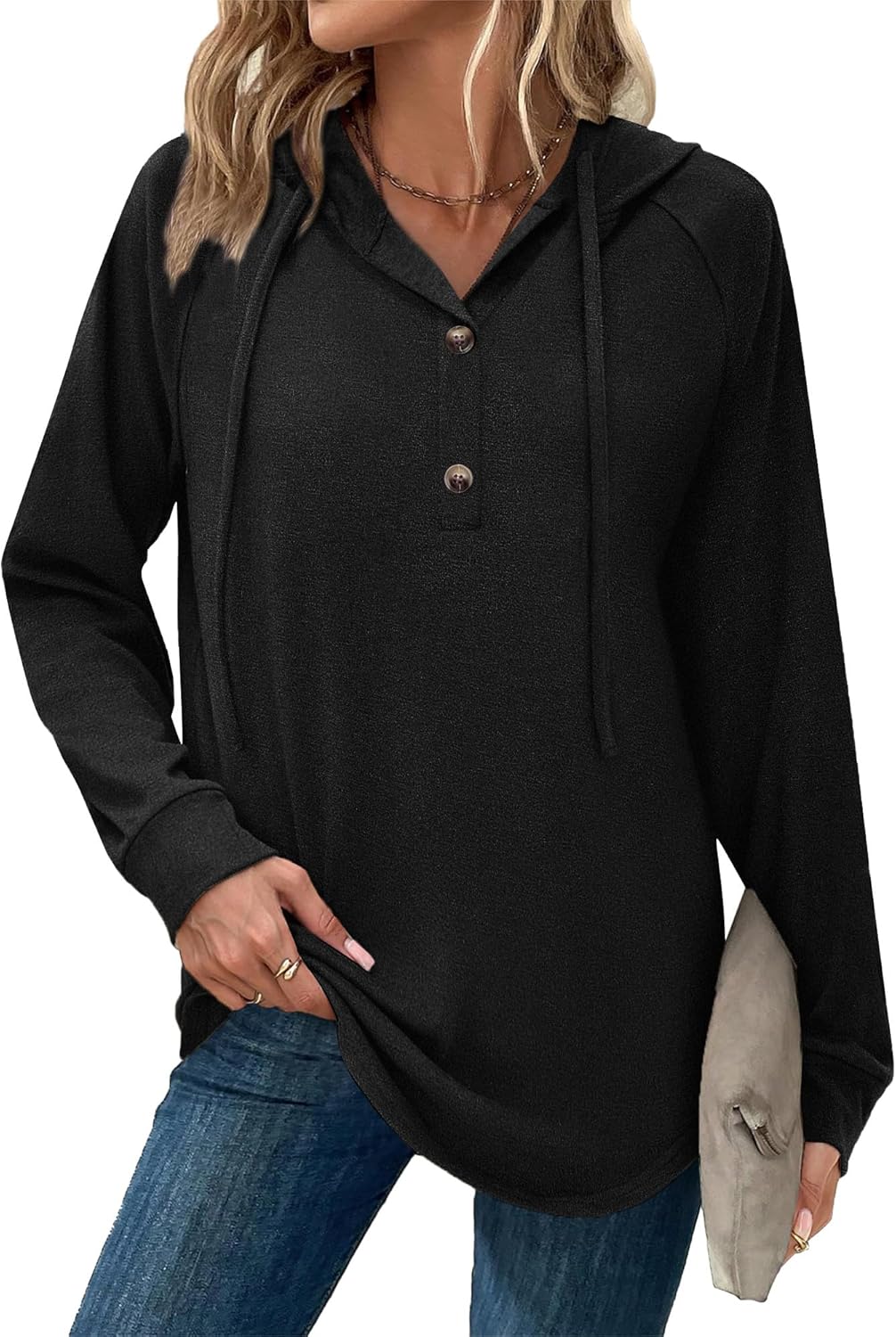 Hoodies for Women Long Sleeve Shirts Fall Fashion V Neck Sweatshirts with Buttons Casual Trendy Pullover Tops