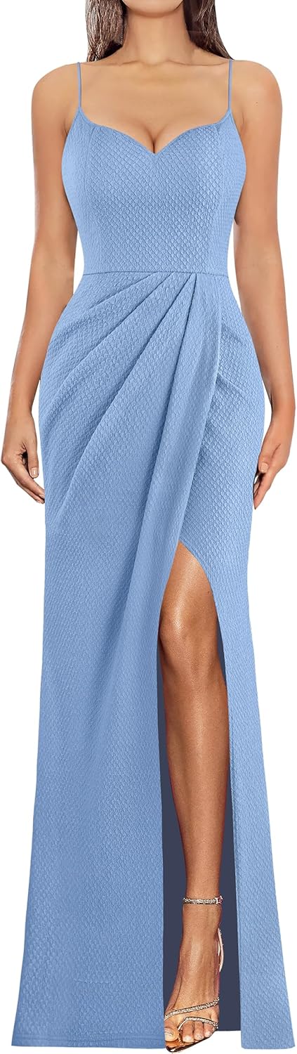 VFSHOW Womens Sexy Formal Ruched Fitted High Slit Bodycon Maxi Dress Spaghetti Strap Sweetheart Cocktail Prom Evening Gown