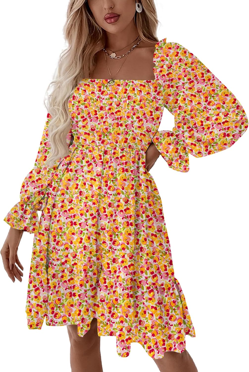 LYANER Women's Square Neck Lantern Long Sleeve Ruffle Shirred Flowy Party Mini Dress