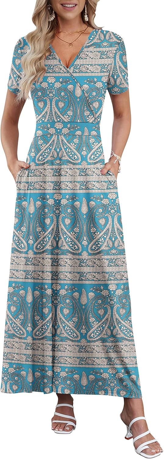 AUSELILY Maxi Dresses for Women Ankle Length Floral Print Beach Long Flowy Dress with Pockets
