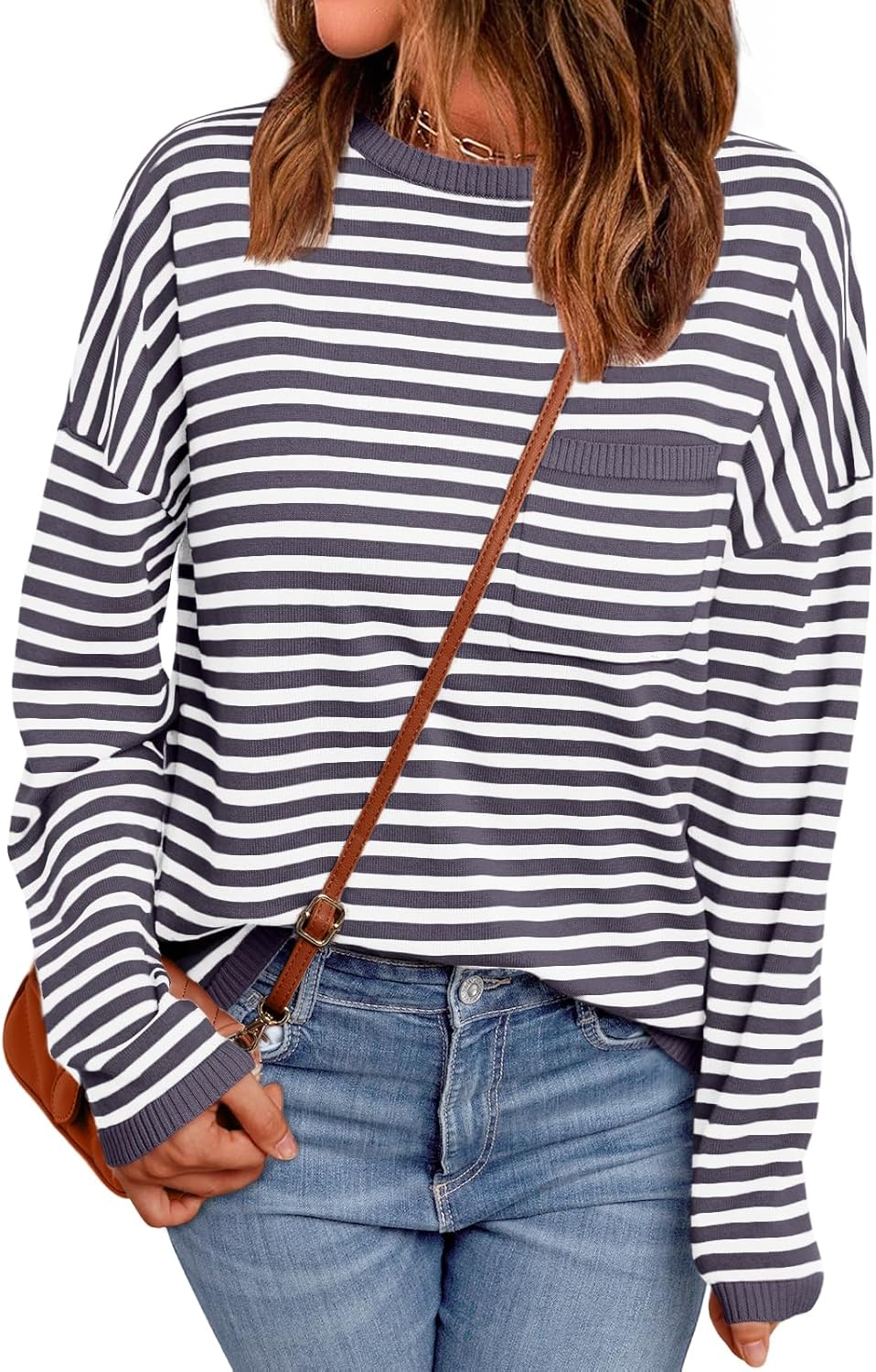 LILLUSORY Womens Striped Soft Knit Pullover Sweater Loose Fit Shirts with Chest Pocket