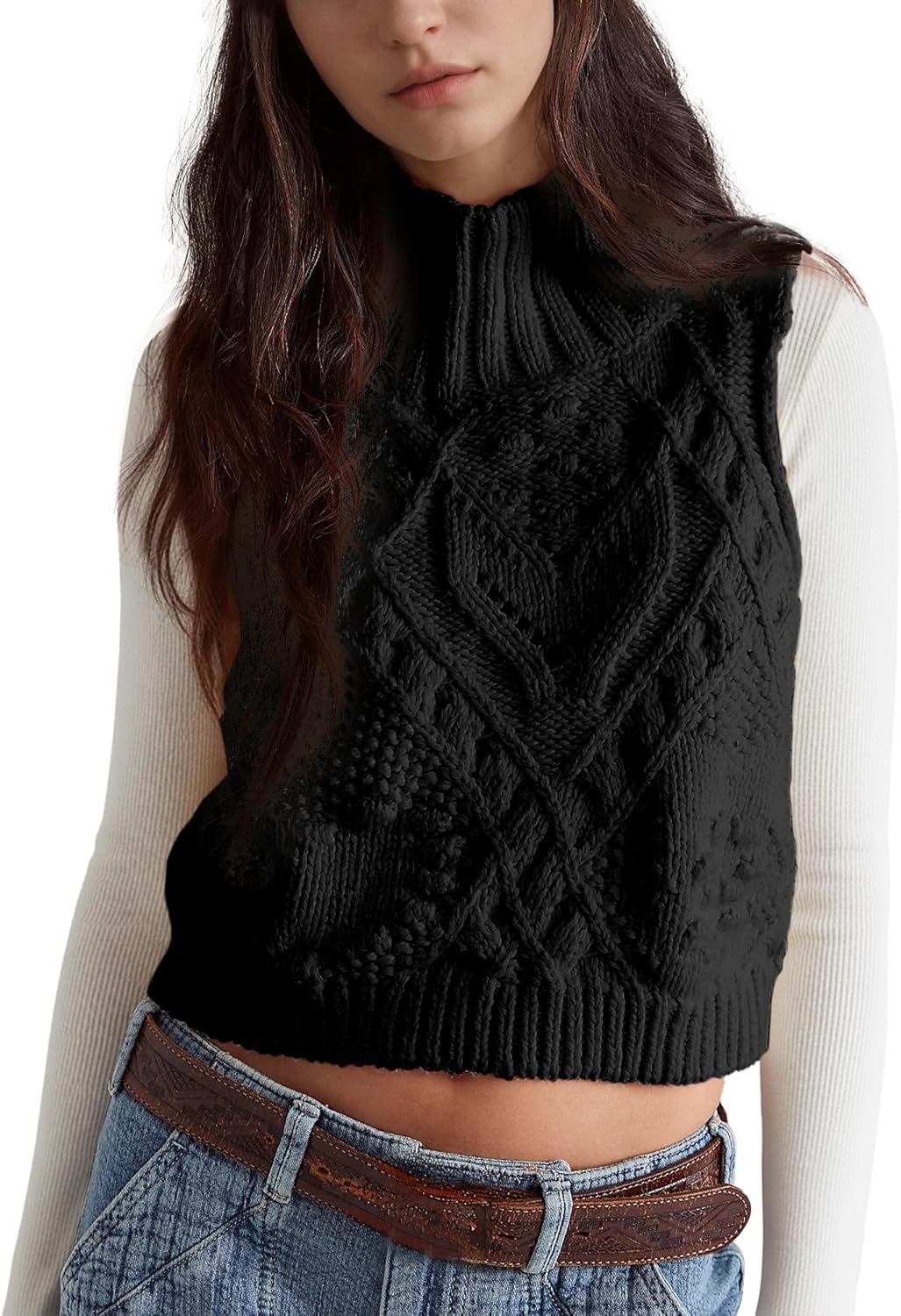 Hixiaohe Turtleneck Crochet Sweater Vest Fall Fashion Knit Sleeveless Tank Tops for Women Lightweight Casual Pullover Clothes