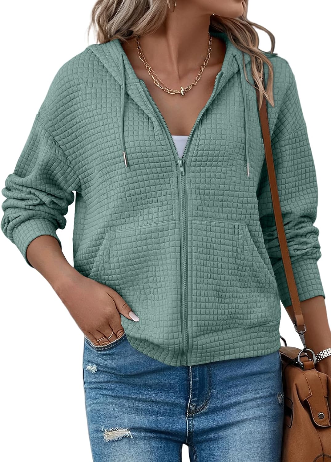 SHEWIN Womens Zip Up Hoodies Oversized Sweatshirt Fall Fashion Outfits 2025 Casual Waffle Hooded Jackets