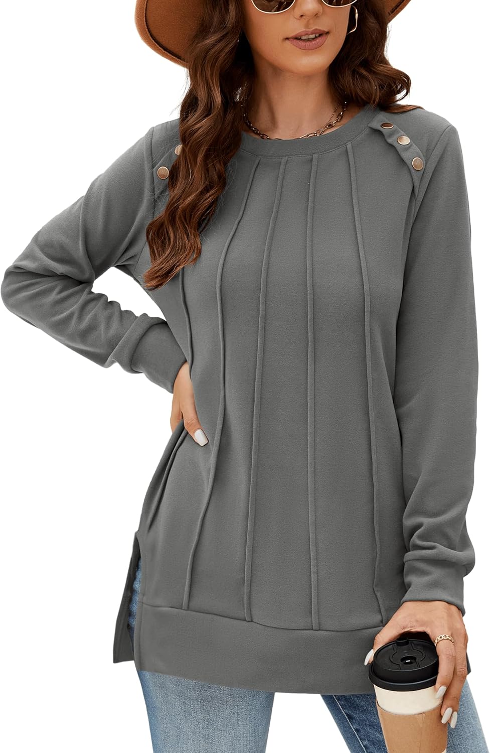 Odosalii Womens Long Sleeve Tops Crewneck Sweatshirts Pleated Front Sweaters Plain Shirts Trendy Side Split Fall Outfits