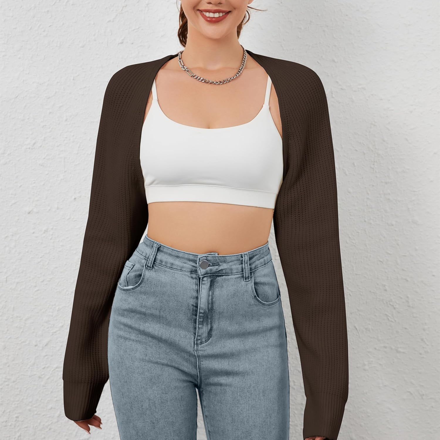 Women Open Front Ribbed Knit Crop Bolero Drop Shoulder Long Sleeve Solid Loose Fit Knitted Crop Cardigan Shrug