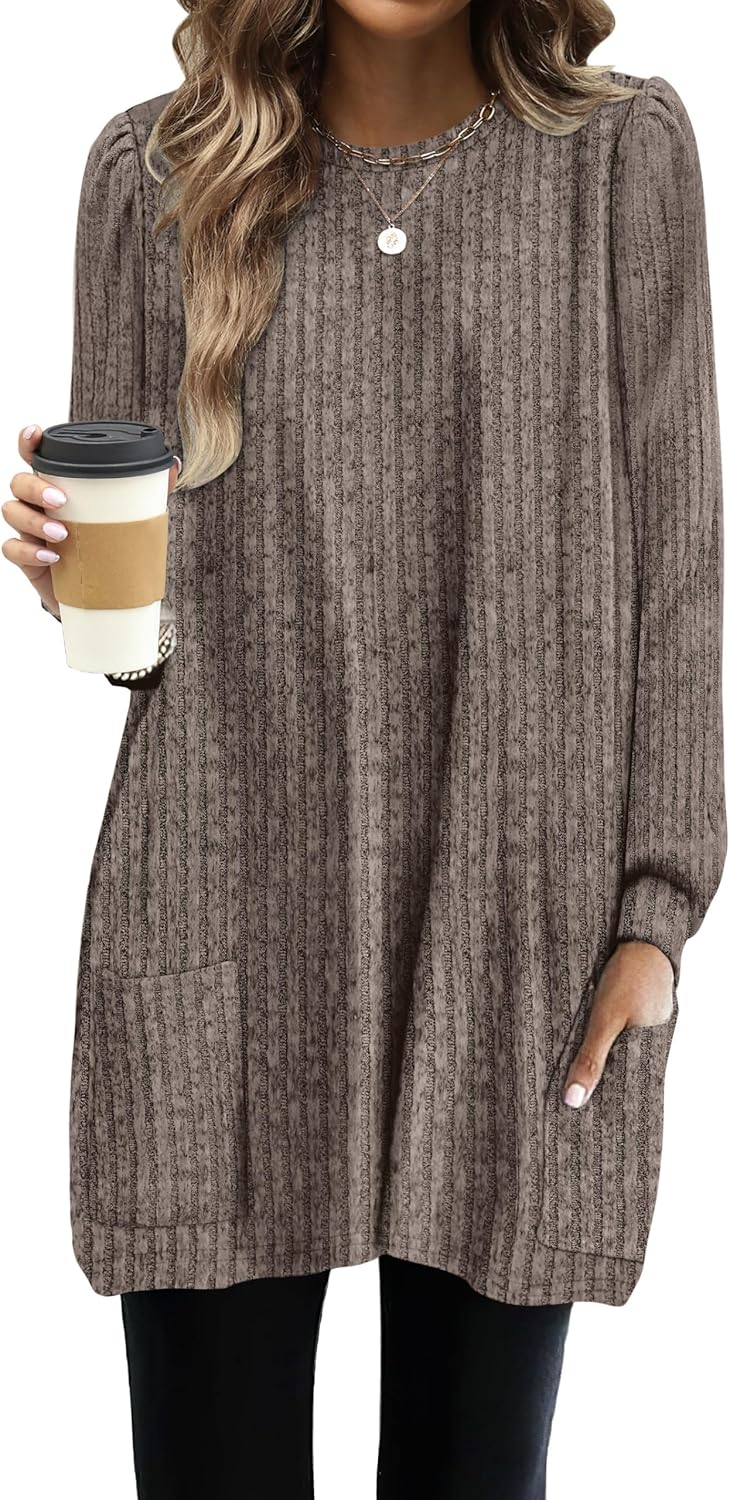 OFEEFAN Long Sleeve Shirts for Women Long Sweaters with Pockets Tunic Tops Loose Fit
